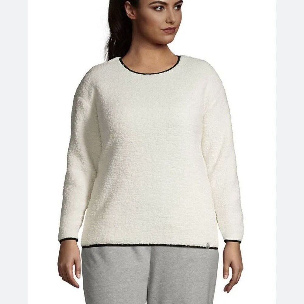Lands End Sherpa Fleece Sweatshirt Cream Ivory Black Pockets Size XL Petite